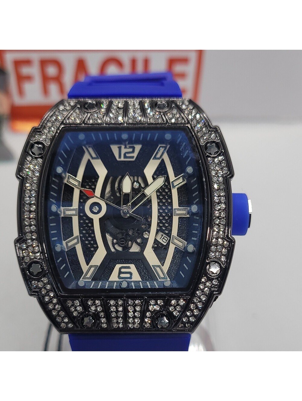 435 AJ luxury tonneau barrel blue skeleton dial diamond accent silicone